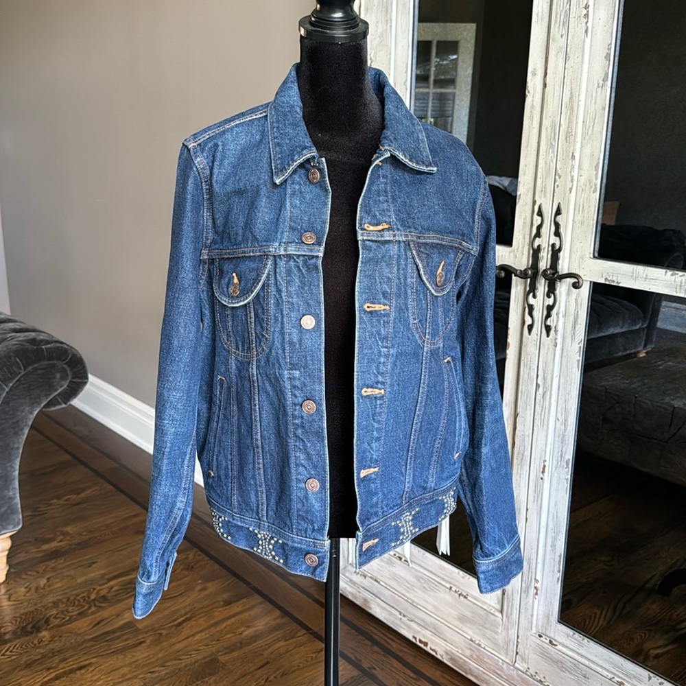 Celine denim blue jacket silver stud logo trucker coat oversized sz large